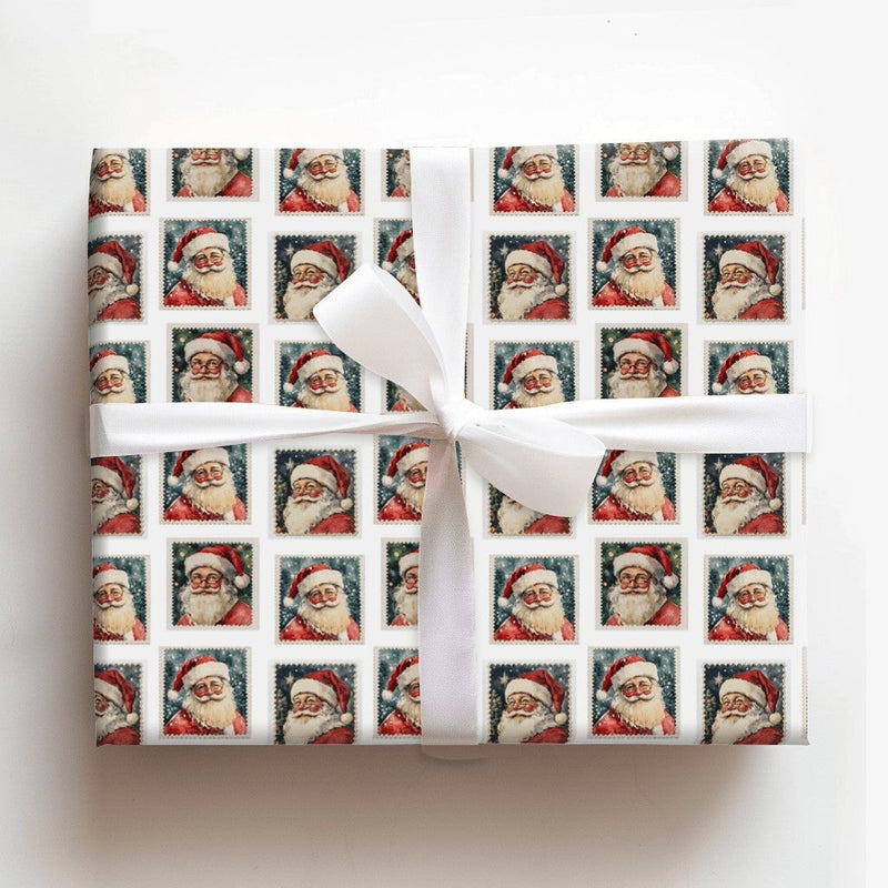 Retro Santa Claus Portrait Gift Wrap, Vintage Santa Stamp Wrapping Paper, Classic Christmas Stamp Wrapping Paper, Holiday Gift Wrap Roll