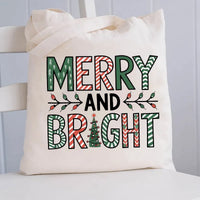 Holiday Winter Tote Bag, Merry and Bright Christmas Tree Canvas Tote Bag, Adorable Xmas Reusable Grocery Tote, Casual Daily Bag, Present for Women
