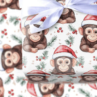 Adorable Animal Christmas Gift Wrap, Santa Hat Monkey Wrapping Paper, Watercolor Chimpanzee Wrapping Paper Roll, Kids Holiday Gift Wrap