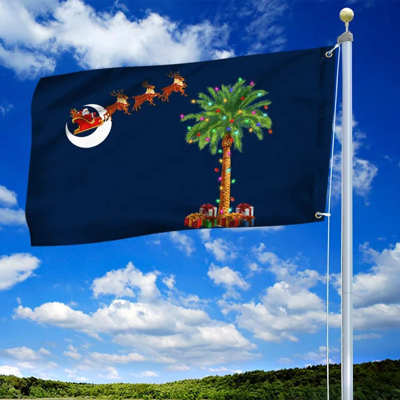 Santa Palmetto Tree Moon Flag, South Carolina Christmas House Flag, Double-Sided Southern Holiday Garden Flag, Festive Yard Banner