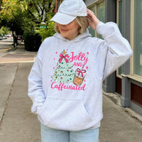Christmas Coffee Lover Hoodie, Jolly and Caffeinated Hoodie, Adorable Holiday Coffee Pullover, Comfy Xmas Coffee Hoodie, Winter Coffee Sweatshirt