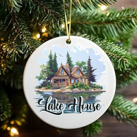 Log Cabin Nature Ornament, Rustic Lake House Ceramic Ornament, Comfy Woodland Forest Holiday Ornament, Cabin Owner Christmas Tree Ornament