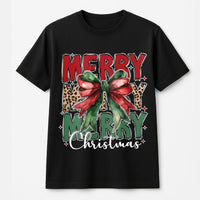 Coquette Bow Leopard Print Shirt, Merry Christmas T-Shirt, Trendy Holiday Graphic Tee, Preppy Christmas Tee, Adorable Xmas Present for Women