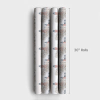 Vintage Christmas Village Gift Wrap, Snowy Winter Town Wrapping Paper, Yellow Car Holiday Wrapping Paper, Festive Winter Wrapping Paper