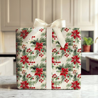 Holly Berry Christmas Wrapping Paper, Watercolor Poinsettia Wrapping Paper, Pine Botanical Gift Wrap, Vintage Holiday Floral Wrapping Paper