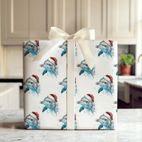 Watercolor Christmas Dolphin Wrapping Paper, Santa Hat Dolphin Wrapping Paper, Coastal Beach Holiday Wrapping Paper, Ocean Animal Gift Wrap