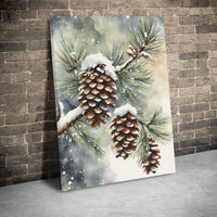 Watercolor Winter Botanical Canvas Print, Snowy Pine Cones Canvas Wall Art, Christmas Pine Cone Wall Art, Comfy Holiday Canvas