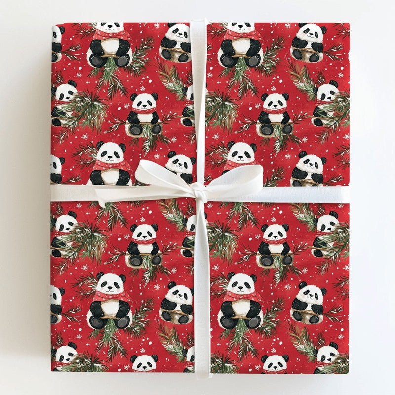 Scarf Panda Bear Holiday Gift Wrap, Red Christmas Panda Wrapping Paper, Adorable Winter Panda Wrapping Paper, Festive Animal Gift Wrap Roll
