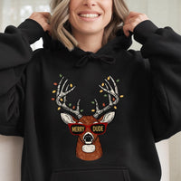 Humorous Christmas Deer Hoodie, Merry Dude Reindeer Hoodie, Xmas Lights Reindeer Graphic Hoodie, Holiday Season Pullover, Winter Holiday Present