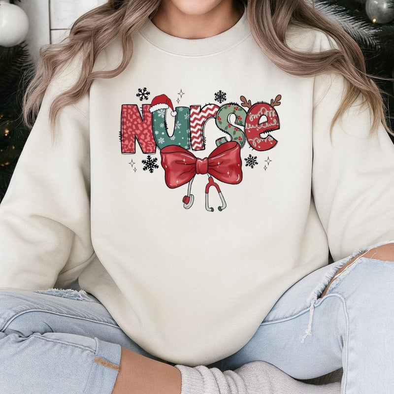 Festive Stethoscope Bow Graphic Sweater, Christmas Nurse Sweatshirt, RN LPN Nursing Holiday Crewneck, Medical Healthcare Pullover