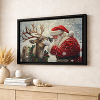 Christmas Holiday Scene Canvas, Santa and Reindeer Canvas Wall Art, Whimsical Xmas Canvas Print, Festive Winter Home Decor Present