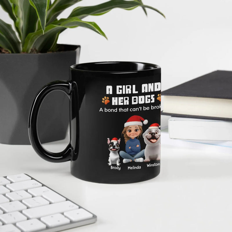 Adorable Pet Lover Ceramic Coffee Mug, Girl and Her Dog Christmas Holiday Mug, Winter Cartoon Dog Mom Coffee Cup, Festive Holiday Present