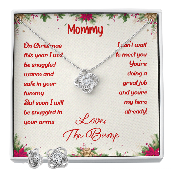 Pregnancy Announcement Love Knot Jewelry, First Christmas New Mom Love Knot Necklace and Earring Set, Holiday Love Knot Keeps