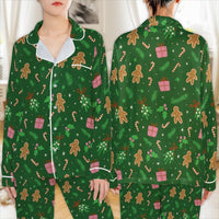 Holiday Cookie Satin Pajama Set, Gingerbread Christmas Pajamas, Festive Gingerbread Sleepwear, Adorable Winter Button Up PJs, Xmas Present for Her