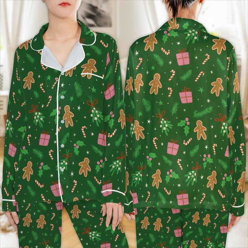 Holiday Cookie Satin Pajama Set, Gingerbread Christmas Pajamas, Festive Gingerbread Sleepwear, Adorable Winter Button Up PJs, Xmas Present for Her