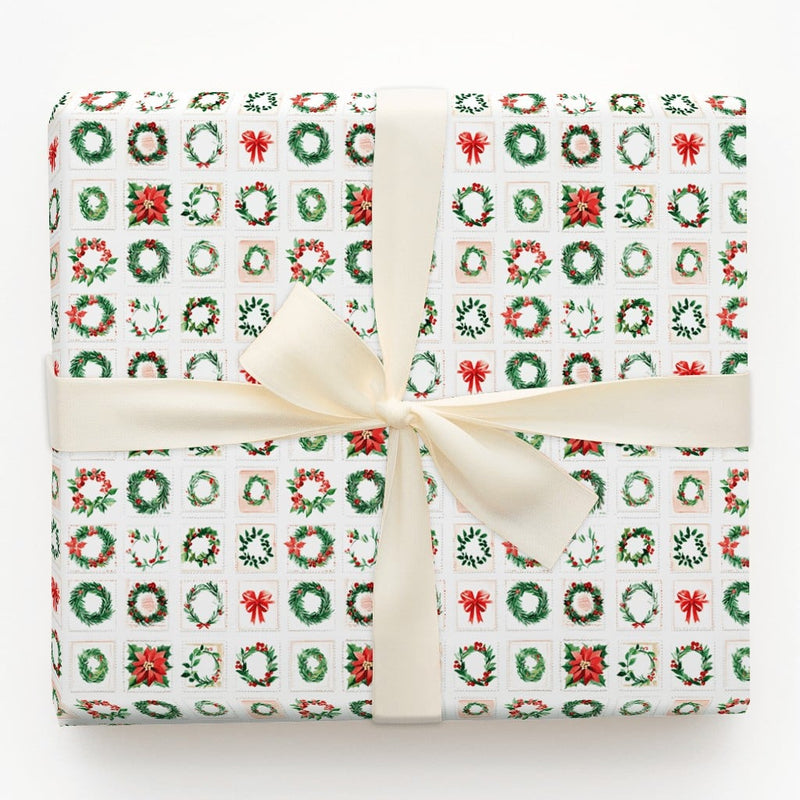 Vintage Christmas Stamp Gift Wrap, Holiday Wreath Poinsettia Wrapping Paper, Floral Botanical Wrapping Paper, Holiday Season Gift Wrap Roll