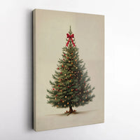 Red Bow Canvas Print, Vintage Christmas Tree Canvas Wall Art, Festive Holiday Wall Decor, Retro Xmas Tree Canvas, Winter Home Decor Present