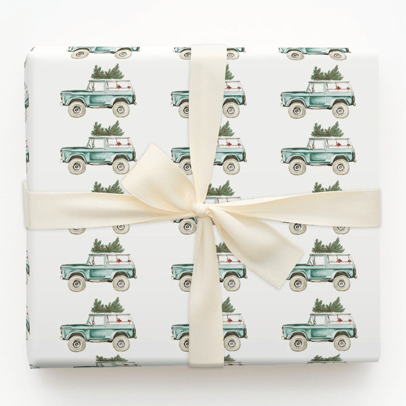 Christmas Tree Truck Gift Wrap, Vintage Teal SUV Wrapping Paper, Watercolor Bronco Holiday Wrapping Paper, Retro Winter Car Gift Wrap Roll