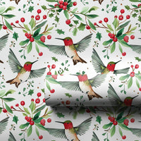 Holly Berry Holiday Gift Wrap, Christmas Hummingbird Wrapping Paper, Winter Botanical Gift Wrapping Paper, Festive Nature Bird Gift Wrap
