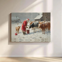 Snowy Farm Christmas Canvas Wall Art, Santa Feeding Cows Canvas Print, Rustic Farmhouse Winter Canvas Decor, Holiday Cattle Canvas Artwork