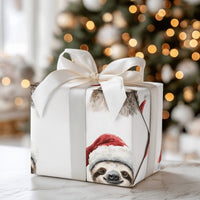 Watercolor Santa Hat Gift Wrap, Christmas Sloth Wrapping Paper, Adorable Animal Holiday Wrapping Paper, Festive Kids Xmas Wrap Roll