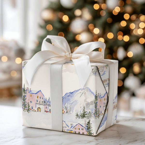 Winter Mountain Village Wrapping Paper, Pink Ski Lodge Wrapping Paper, Watercolor Alpine Holiday Gift Wrap, Christmas Wrappin