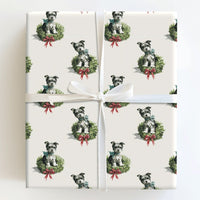 Puppy in Wreath Watercolor Gift Wrap, Schnauzer Dog Christmas Wrapping Paper, Holiday Dog Lover Wrapping Paper Roll, Xmas Present Paper