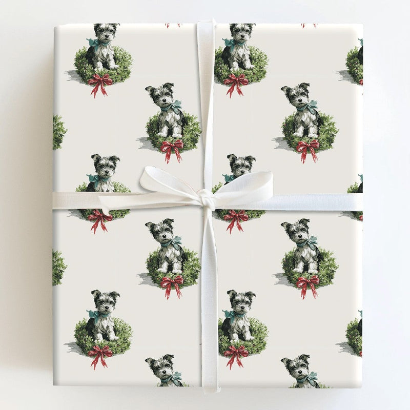 Puppy in Wreath Watercolor Gift Wrap, Schnauzer Dog Christmas Wrapping Paper, Holiday Dog Lover Wrapping Paper Roll, Xmas Present Paper