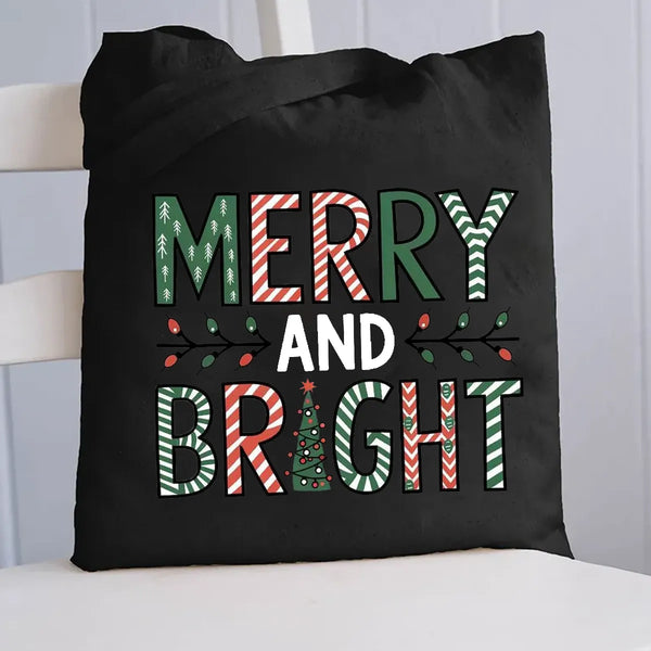Holiday Winter Tote Bag, Merry and Bright Christmas Tree Canvas Tote Bag, Adorable Xmas Reusable Grocery Tote, Casual Daily B