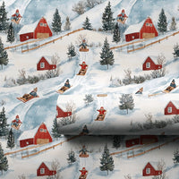 Rustic Red Barn Christmas Gift Wrap, Winter Sledding Wrapping Paper, Country Snow Scene Wrapping Paper, Festive Holiday Present Paper Roll