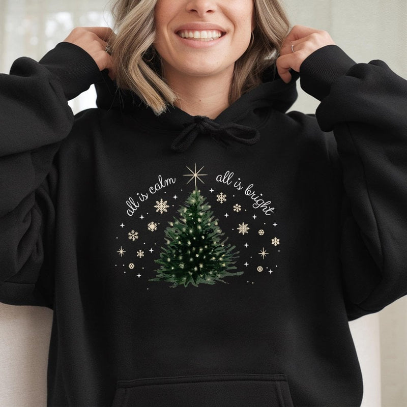Minimalist Holiday Graphic Hoodie, All Is Calm All Is Bright Christmas Tree Hoodie, Comfy Winter Xmas Tree Hoodie, Holiday Season Present
