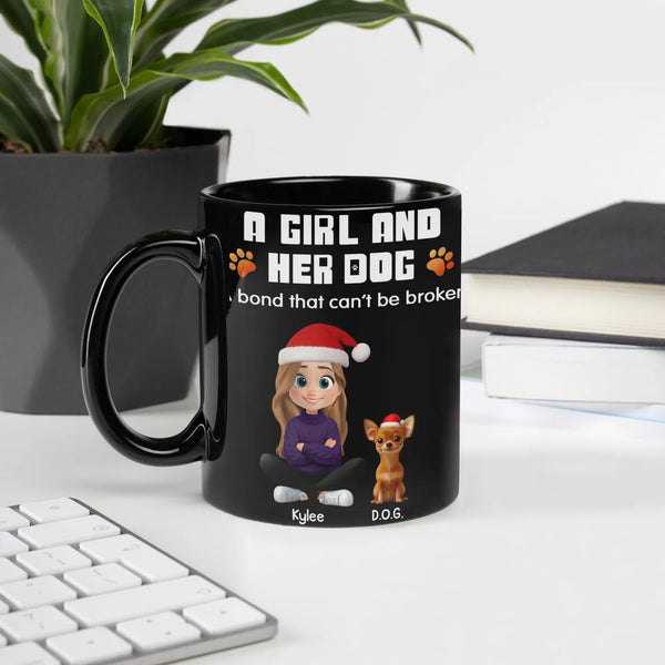 Santa Hat Puppy Cartoon Coffee Mug, A Girl and Her Dog Christmas Mug, Adorable Dog Mom Holiday Ceramic Cup, Winter Pet Lover 