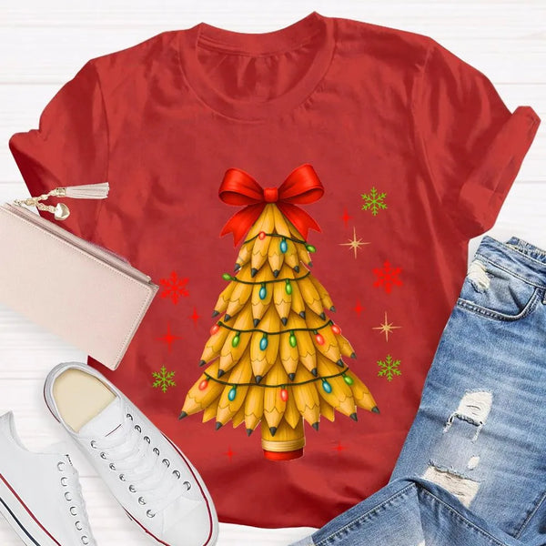 Red Bow Holiday Teacher Shirt, Pencil Christmas Tree T-Shirt, Adorable Winter Educator Graphic Tee, Back to School Xmas Party