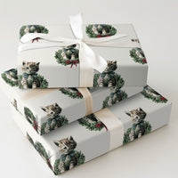 Tabby Cat Wreath Gift Wrap, Vintage Kitten Christmas Wrapping Paper, Retro Feline Holiday Wrapping Paper, Cat Lover Xmas Gift Wrap