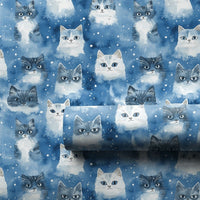 Snowy Blue Kitten Holiday Gift Wrap, Watercolor Winter Cat Wrapping Paper, Adorable Pet Lover Wrapping Paper, Comfy Christmas Cat Present Wrap