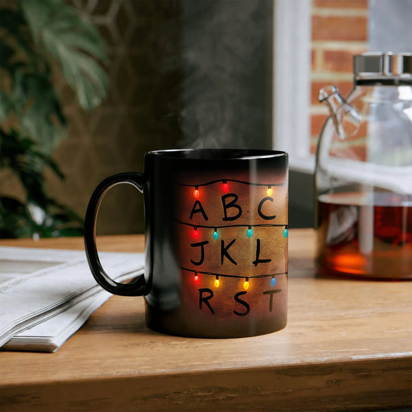 Festive Holiday String Lights Ceramic Mug, Christmas Lights Alphabet Mug, Merry Teacher Christmas Coffee Mug, Adorable Winter
