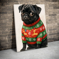 Ugly Sweater Pug Dog Canvas Print, Black Pug Christmas Canvas Wall Art, Holiday Pet Wall Decor, Adorable Christmas Animal Lover Canvas