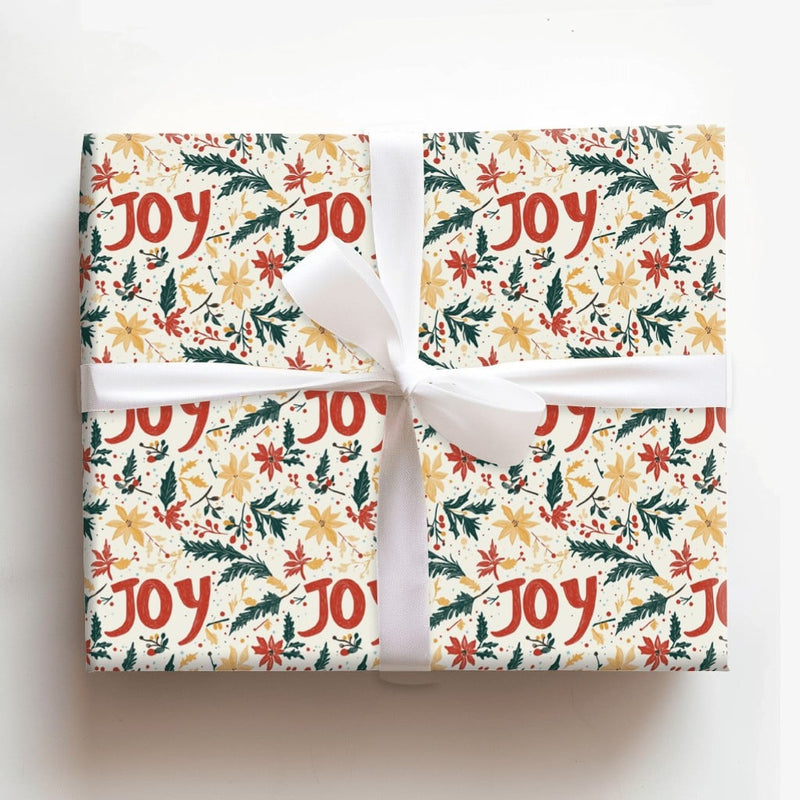 Poinsettia Floral Holiday Gift Wrap, Joy Christmas Wrapping Paper, Festive Typography Wrapping Paper, Xmas Present Wrap