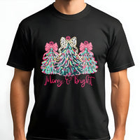 Leopard Print Tree Shirt, Merry and Bright Christmas T-Shirt, Colorful Holiday Graphic Tee, Festive Winter Xmas T-Shirt, Present for Women