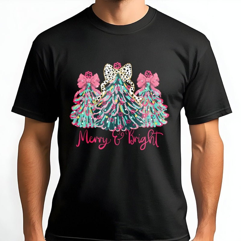 Leopard Print Tree Shirt, Merry and Bright Christmas T-Shirt, Colorful Holiday Graphic Tee, Festive Winter Xmas T-Shirt, Present for Women