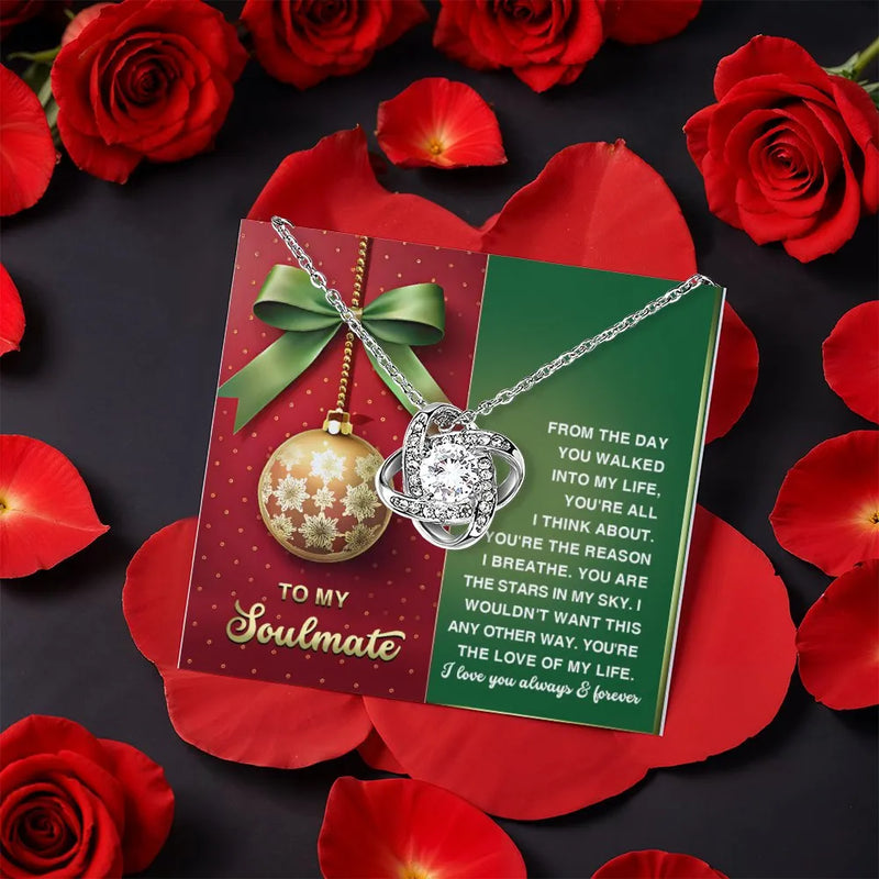 Message Card Holiday Love Knot Pendant, Soulmate Love Knot Necklace, Romantic Christmas Knot Necklace, White Gold Anniversary Present for Her