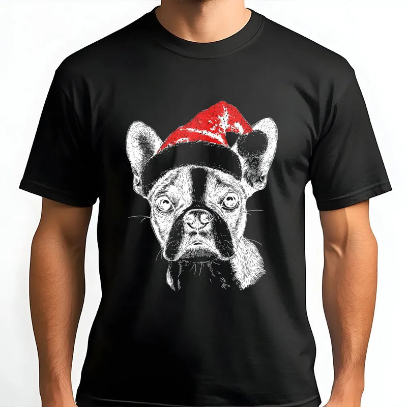 Santa Hat Frenchie Shirt, Boston Terrier Christmas T-Shirt, Adorable Holiday Dog Graphic Tee, Festive Puppy T-Shirt, Xmas Present for Dog Lovers