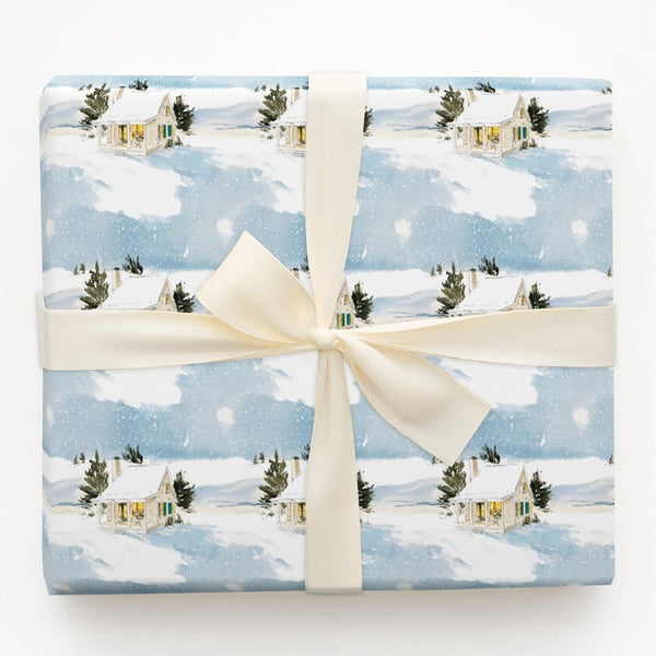 Comfy Cottage Gift Wrap, Winter Cottage Wrapping Paper, Watercolor Snow Scene Holiday Paper, Christmas Gift Wrapping Paper Ro
