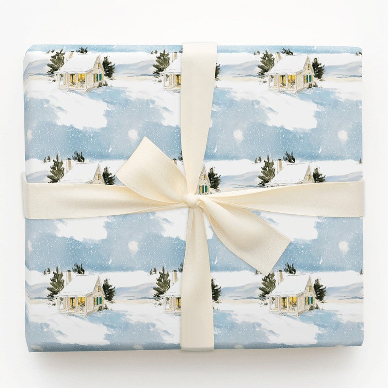 Comfy Cottage Gift Wrap, Winter Cottage Wrapping Paper, Watercolor Snow Scene Holiday Paper, Christmas Gift Wrapping Paper Roll