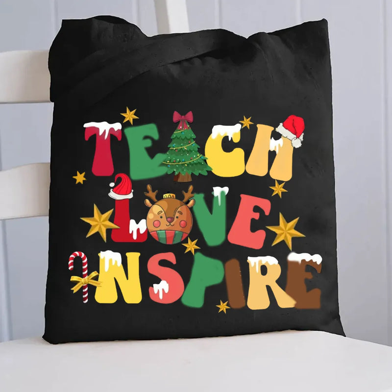 Teach Love Inspire Holiday Tote Bag, Christmas Teacher Canvas Tote Bag, Festive Winter School Bag, Teacher Christmas Appreciation Present