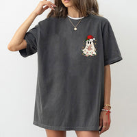 Holiday Pocket Graphic Tee, Adorable Christmas Ghost T-Shirt, Retro Spooky Season Christmas Shirt, Humorous Ghost Xmas Tree Graphic T-Shirt