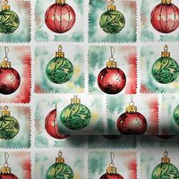 Watercolor Holiday Grid Gift Wrap, Christmas Ornament Stamp Wrapping Paper, Festive Red Green Ornament Wrapping Paper, Xmas Gift Wrap Roll