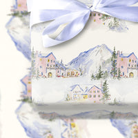 Winter Mountain Village Wrapping Paper, Pink Ski Lodge Wrapping Paper, Watercolor Alpine Holiday Gift Wrap, Christmas Wrapping Paper