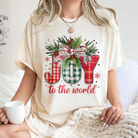 Plaid Festive Holiday Graphic Tee, Joy to the World Christmas T-Shirt, Christian Faith Xmas Shirt, Joyful Religious Holiday T-Shirt Present