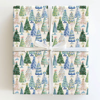 Watercolor Blue White Holiday Gift Wrap, Chinoiserie Christmas Tree Wrapping Paper, Elegant Festive Tree Wrapping Paper, Xmas Gift Wrap